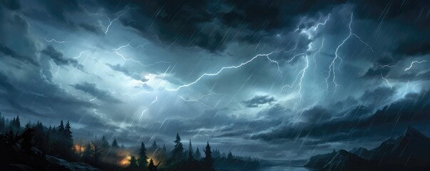 A dramatic nighttime scene with multiple lightning strikes over a barren, desolate landscape - obrazy, fototapety, plakaty