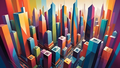 Colorful abstract cityscape illustration with geometric skyscrapers and vibrant hues, suitable for modern urban design concepts.