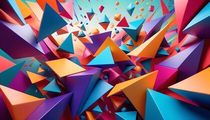 Vibrant 3D render of colorful geometric shapes exploding with dynamic motion, suitable for abstract backgrounds.