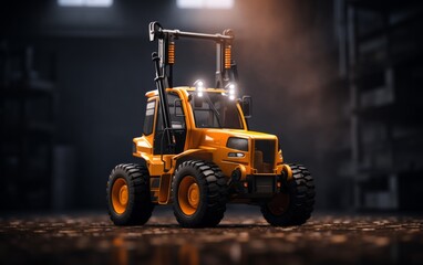 A vibrant yellow tractor sits stationary inside a dimly lit warehouse