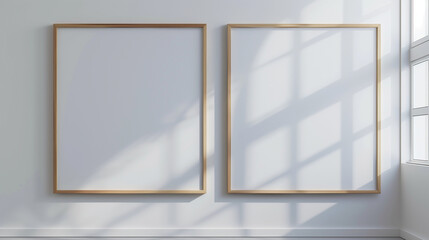 Two blank picture frames on a white wall with natural light from a window creating a shadow.