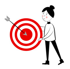 Achieving the goal. Target. A woman with a target