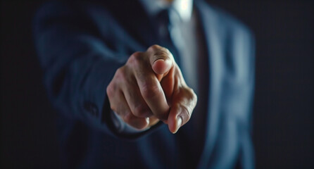 Businessman pointing with his finger at the camera, close up of hand and suit on isolated background. Generative ai