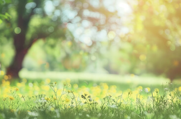 Beautiful blurred background of spring nature green grass meadow in a park on a sunny day with bokeh, banner for copy space, generative ai