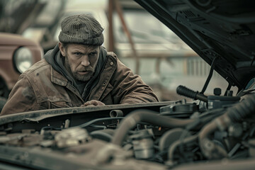 An auto mechanic engrossed in troubleshooting under the hood of a car - obrazy, fototapety, plakaty