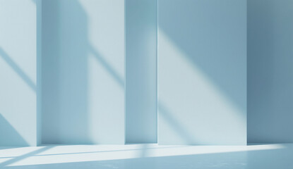 Abstract light blue background with spotlight and shadows on the wall, empty room for product presentation in studio, generative ai