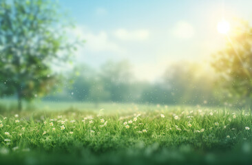 Fototapeta na wymiar Beautiful blurred background of spring nature green grass meadow in a park on a sunny day with bokeh, banner for copy space, generative ai