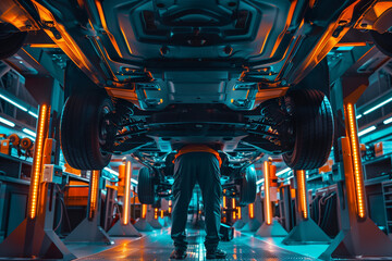 A professional mechanic meticulously inspecting the undercarriage of a vehicle in a modern auto repair facility - obrazy, fototapety, plakaty