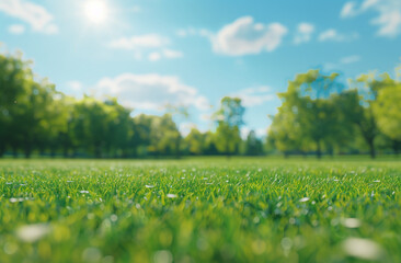 Fototapeta premium Beautiful blurred background of spring nature green grass meadow in a park on a sunny day with bokeh, banner for copy space, generative ai