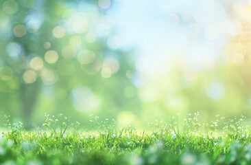 Fototapeta na wymiar Beautiful blurred background of spring nature green grass meadow in a park on a sunny day with bokeh, banner for copy space, generative ai