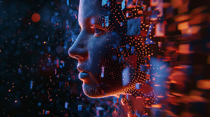 Digital human face concept with 3D pixels dispersion effect on a blue abstract background.