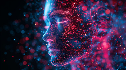 Digital human face concept made of particles, representing artificial intelligence and data...