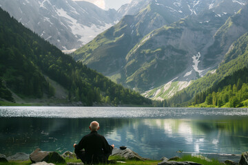 senior man meditates on the shore of an alpine lake, wearing black, he sits in lotus position with his back to the camera. The mountain landscape is beautiful