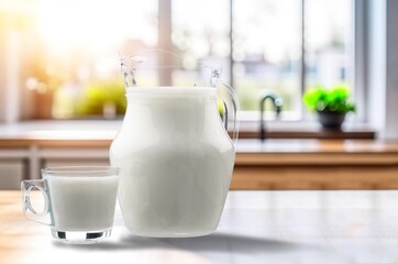 Fototapeta na wymiar Tasty fresh Milk in jug and cup on the desk