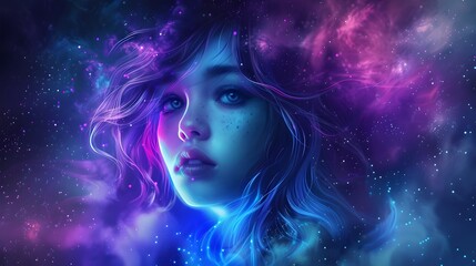 Ethereal Woman Amidst Cosmic Nebulae, Vivid Colors Embrace a Dreamy Portrait. Fantasy Art Illustration, Space-Themed Digital Artwork. AI