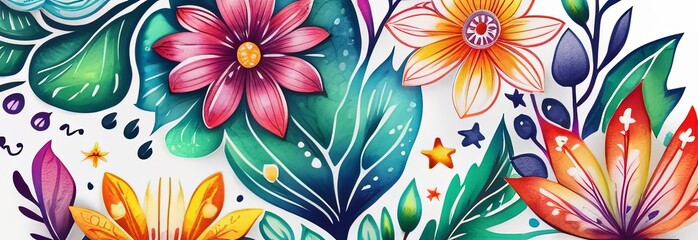 Vibrant colorful floral pattern set against white background, creating visually appealing, colorful design. For home interior, bedroom, living room, childrens room to add bright colors, coziness.