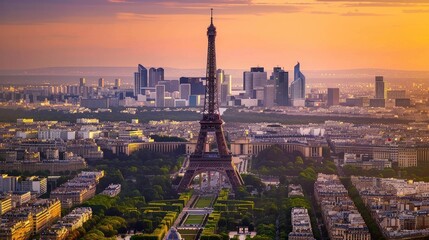 Experience the grandeur of Paris from above, marveling at the iconic Eiffel Tower and the contemporary skyline of La Defense, a fusion of history and modernity. - obrazy, fototapety, plakaty