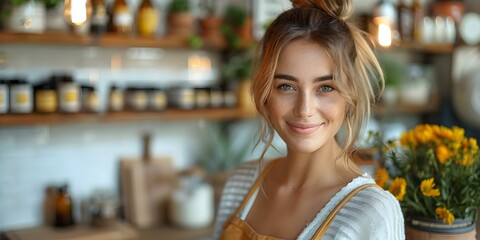Active woman in kitchen taking medicine from shelf smiling showing healthy habits and selfcare. Concept Healthy Habits, Selfcare, Kitchen Lifestyle, Medicine Management, Smiling Portrait - obrazy, fototapety, plakaty