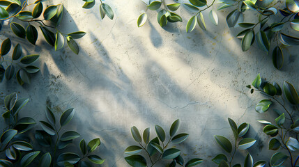 Green leaves bordering a textured background with soft shadows, suitable for a serene nature-themed...