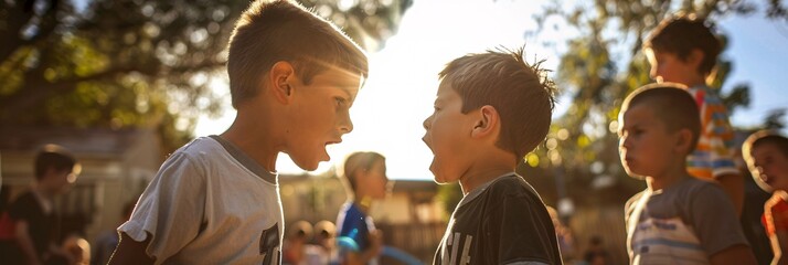 A moment of conflict  a boy argues with a friend, a snapshot of childhood disputes - obrazy, fototapety, plakaty
