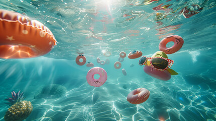 Underwater view with sunbeams, floating pool toys, and clear blue water. - obrazy, fototapety, plakaty