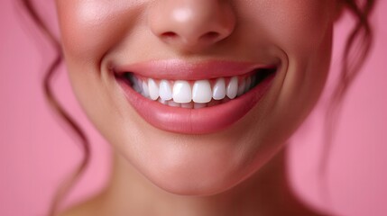 A closeup of a womans smiling mouth, nose, and eyelashes on a pink background. dental illustration