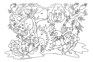 Coloring page. Retro 70s style, psychedelic mushroom, flowers and animals. Color puzzle game. Vector illustration of funny cartoon characters