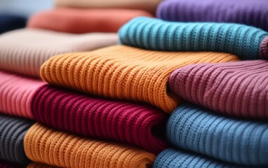 A vibrant pile of colorful sweaters stacked neatly together