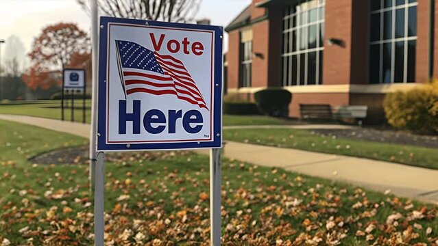 "Vote Here" sign in front of an elementary school in the midwest in the fall