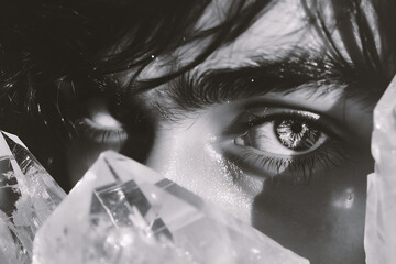 Close-up portrait of a beautiful woman with crystal in hand