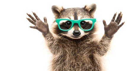 Funny raccoon wearing teal sunglasses, hands up in joyful gesture. Isolated on white, whimsical wildlife theme. Perfect for quirky advertising. AI