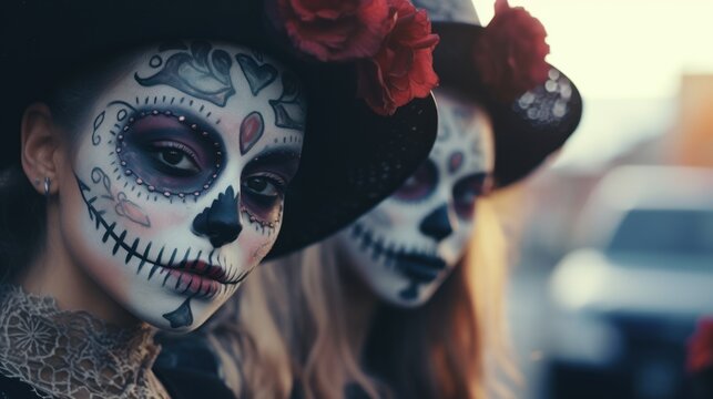 Dark glamour in a close-up-a girl with sugar skull style makeup at the Mardi Gras festival, a fusion of beauty and eerie celebration.