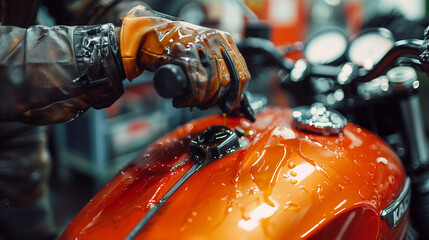 A close-up shot of a mechanic's oil-stained hands meticulously measuring the oil level of a sleek orange motorcycle - obrazy, fototapety, plakaty