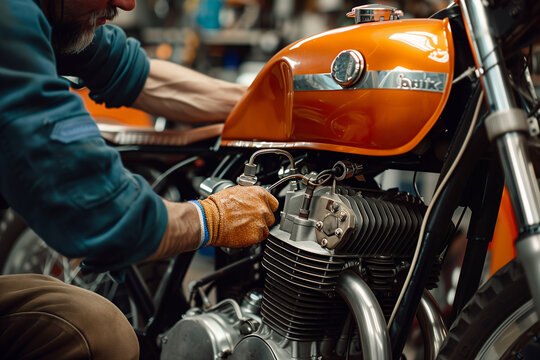 A mechanic's rough and calloused hands carefully check the oil level of a vibrant orange motorcycle