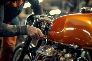 Fototapeta na wymiar A detailed shot showcasing the precision of a mechanic's hands as they assess the oil level of a stunning orange motorcycle, capturing the essence of skilled craftsmanship