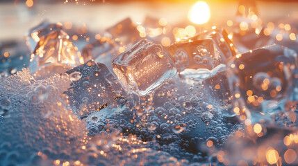 Close-up of sparkling ice crystals with sunlight, suitable for backgrounds or nature themes.