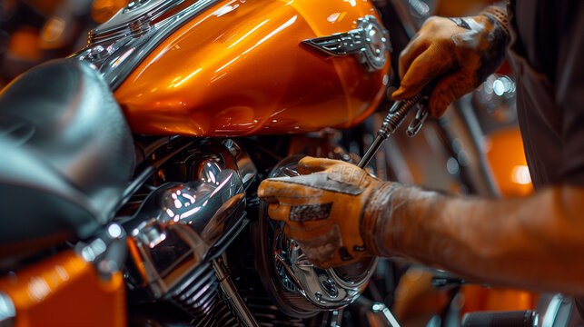 A detailed shot showcasing the precision of a mechanic's hands as they assess the oil level of a stunning orange motorcycle, capturing the essence of skilled craftsmanship