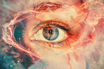 Close up of human eye with fire effect. Conceptual image - obrazy, fototapety, plakaty