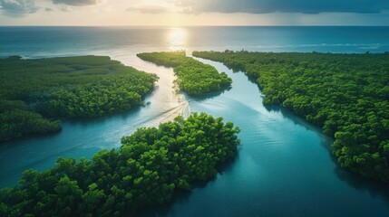 A peaceful coastal inlet, with mangrove forests providing vital habitat for marine life, emphasizing the value of coastal conservation. - obrazy, fototapety, plakaty