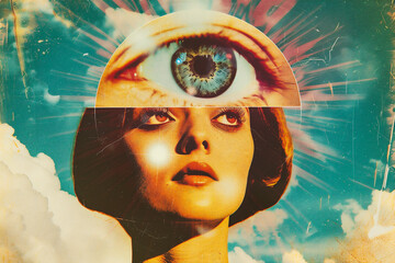 Double exposure of beautiful woman's face and sky background. Collage