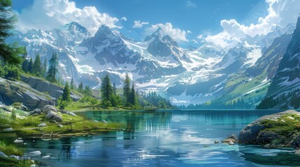 A serene alpine lake, framed by snow-capped peaks, reminding us of the importance of protecting fragile mountain ecosystems.