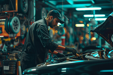 A dedicated auto technician meticulously servicing a vehicle in a busy repair shop