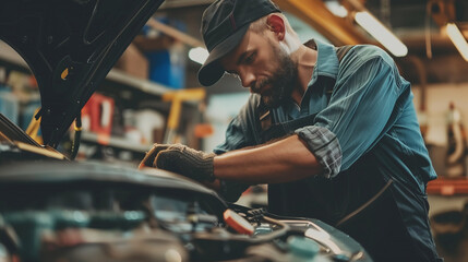 A dedicated auto technician meticulously servicing a vehicle in a busy repair shop