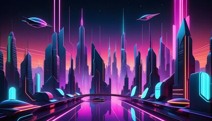 Futuristic cityscape with neon lights and flying vehicles against a dusk sky.