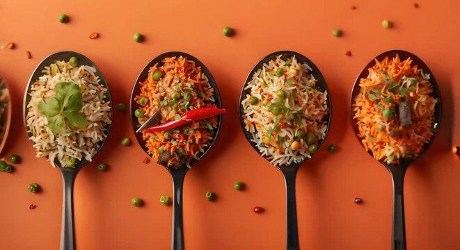 Four spoons of different biryani each spoon has different biryani floating over a orange background.