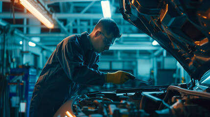 A focused technician skillfully repairs a vehicle in a well-organized auto repair bay, with industrial color grading