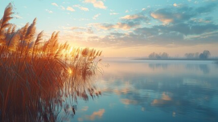 A tranquil lakeside scene, with reeds swaying gently in the breeze, highlighting the importance of preserving wetland ecosystems. - obrazy, fototapety, plakaty