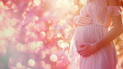A pregnant woman wearing a pink dress is gently holding her stomach, showcasing the bond between mother and unborn child - obrazy, fototapety, plakaty