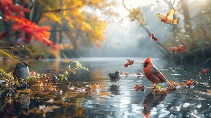 A tranquil riverside scene, with colorful birds and fish swimming freely, highlighting the importance of preserving natural habitats.