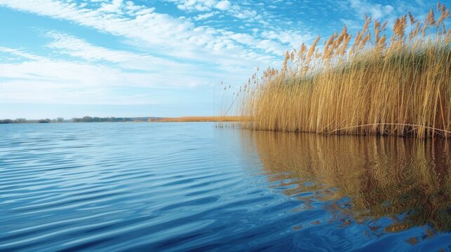 A tranquil lakeside scene, with reeds swaying gently in the breeze, highlighting the importance of preserving wetland ecosystems.